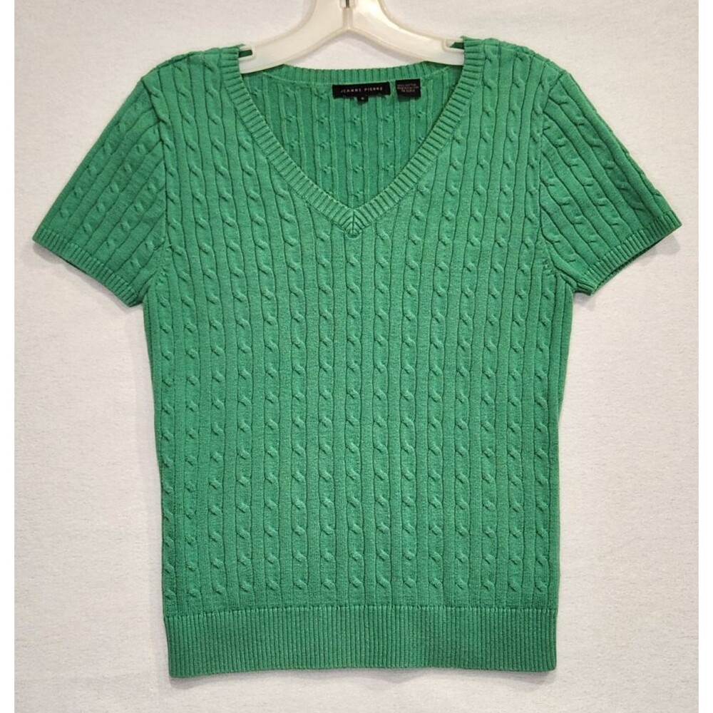 Jeanne Pierre Small Cable Knit Short Sleeve Sweater Green Top